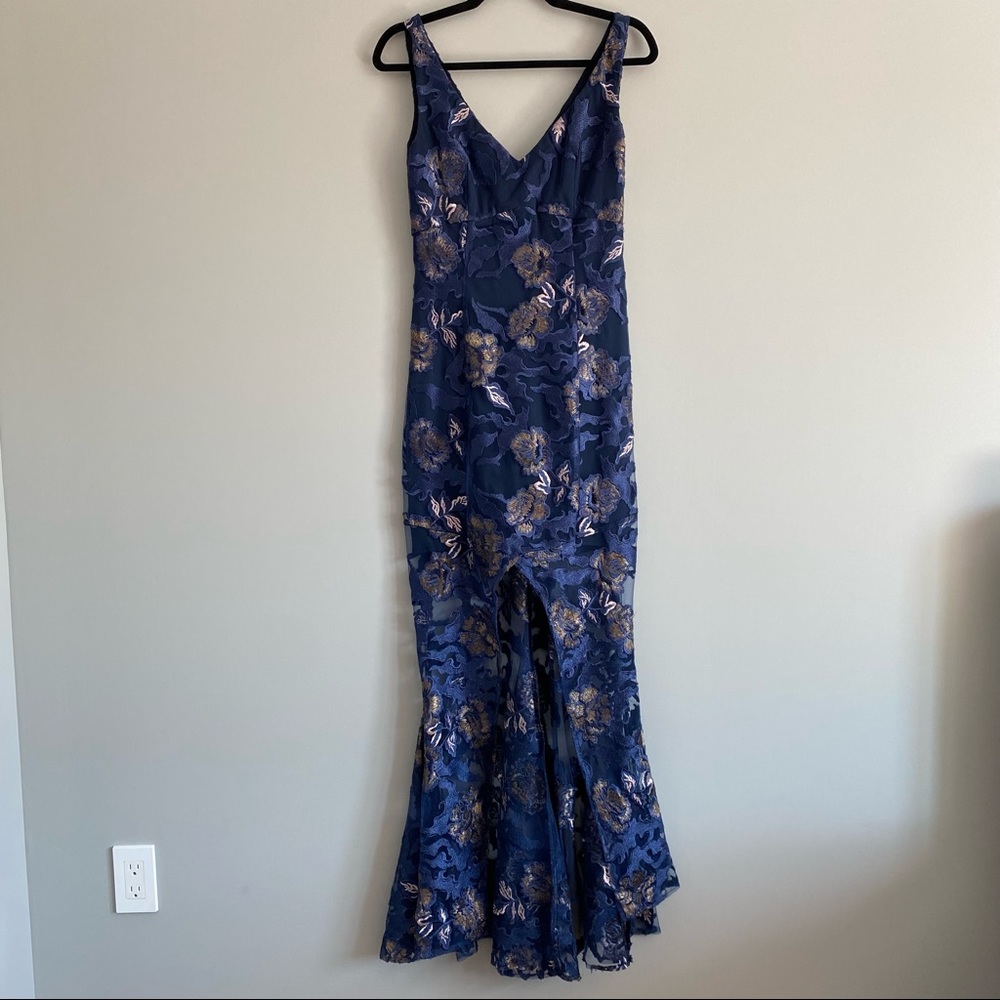 Navy Embroidered Gown with front slit